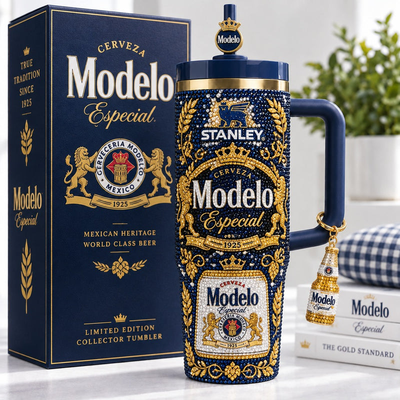 Navy Gold Cerveza Label Tumbler With Handle