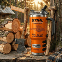 Orange Chainsaw Woodcutter Tumbler With Handle