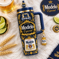 Navy Gold Cerveza Label Tumbler With Handle