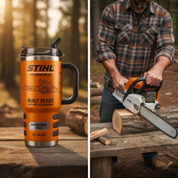 Orange Chainsaw Woodcutter Tumbler With Handle