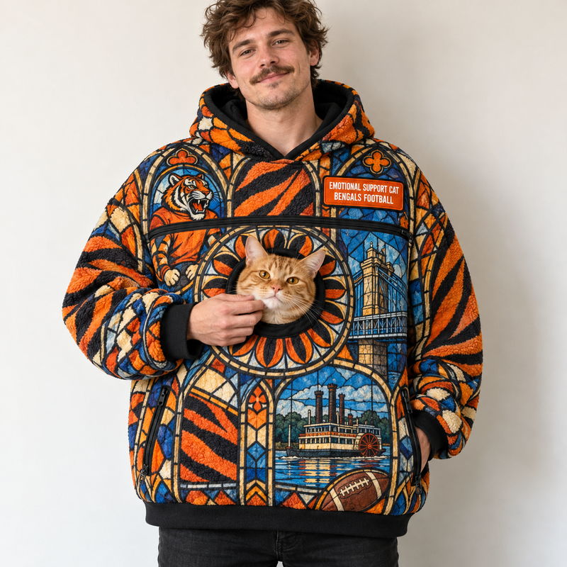 Cincinnati Stained Glass Cat Pouch Hoodie
