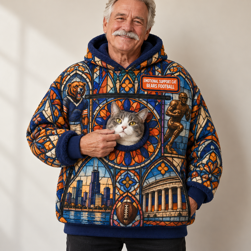 Chicago Stained Glass Cat Pouch Hoodie